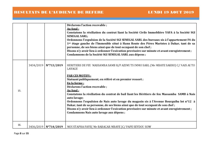 Tribunal du Commerce: Délibérés des Audiences du lundi 19 août 2019