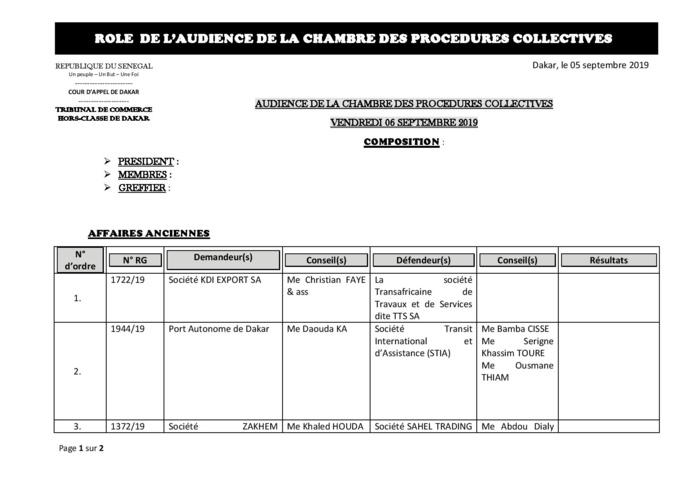 Tribunal du Commerce: Audiences de la Chambre des Procédures Collectives de ce vendredi 6 septembre