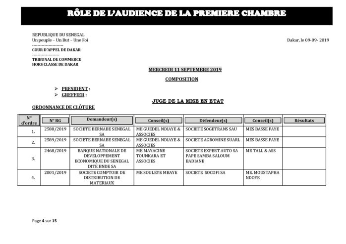 Tribunal du Commerce: Audiences de la Première Chambre de ce mercredi 11 septembre