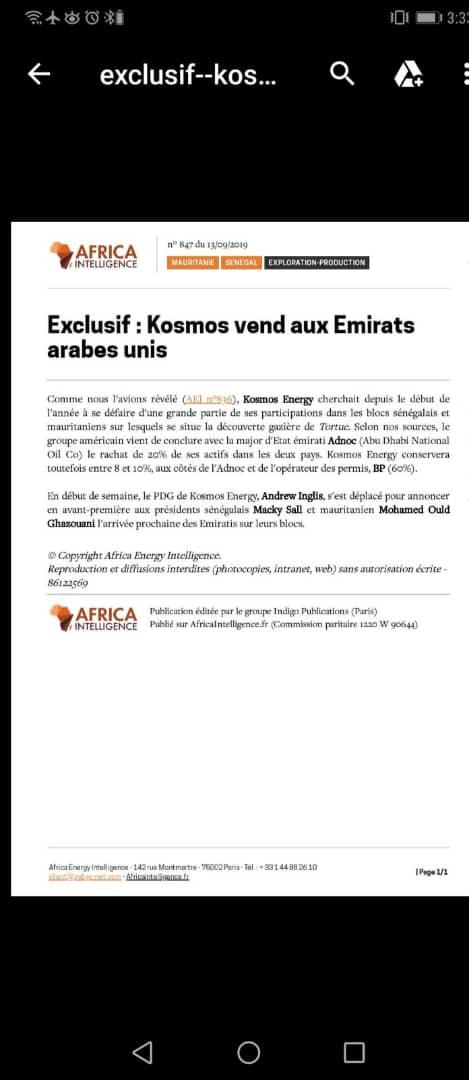 Pétrole et Gaz : Kosmos vend des parts à la compagnie pétrolière d’Abu Dhabi, le magazine Intelligence Africa confirme Sonko