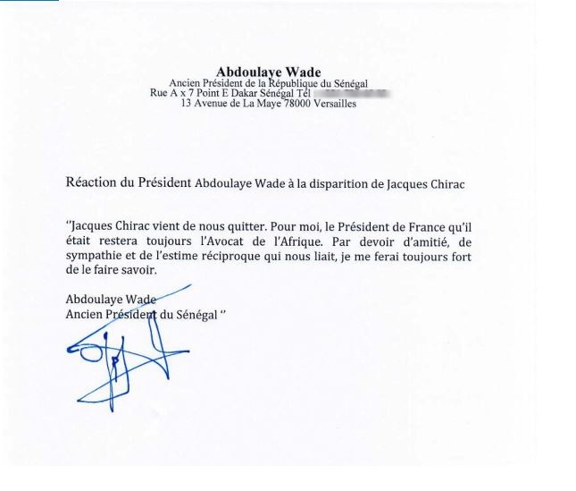 Wade sur la disparition de Chirac: " Il restera toujours l'avocat de l'Afrique" Wade sur la disparition de Chirac: " Il restera toujours l'avocat de l'Afrique"