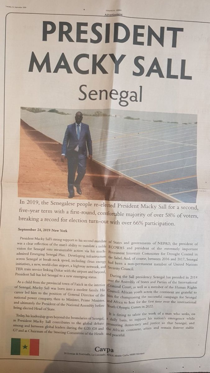 PHOTO : Macky Sall s’offre une pub d’1/2 page à 100 millions FCfa dans le Financial Times