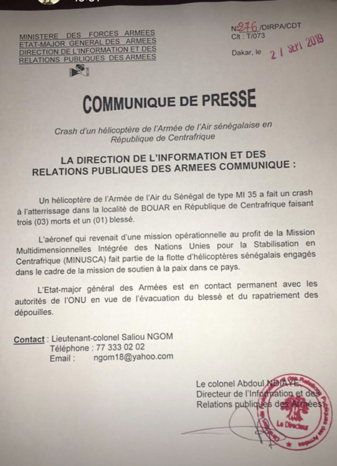 Crash hélico sénégalais en Centrafrique: L’Etat-Major général des Armées confirme
