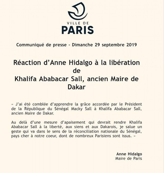 Libération de Khalifa Sall: la réaction d'Anne Hidalgo, maire de Paris Libération de Khalifa Sall: la réaction d'Anne Hidalgo, maire de Paris
