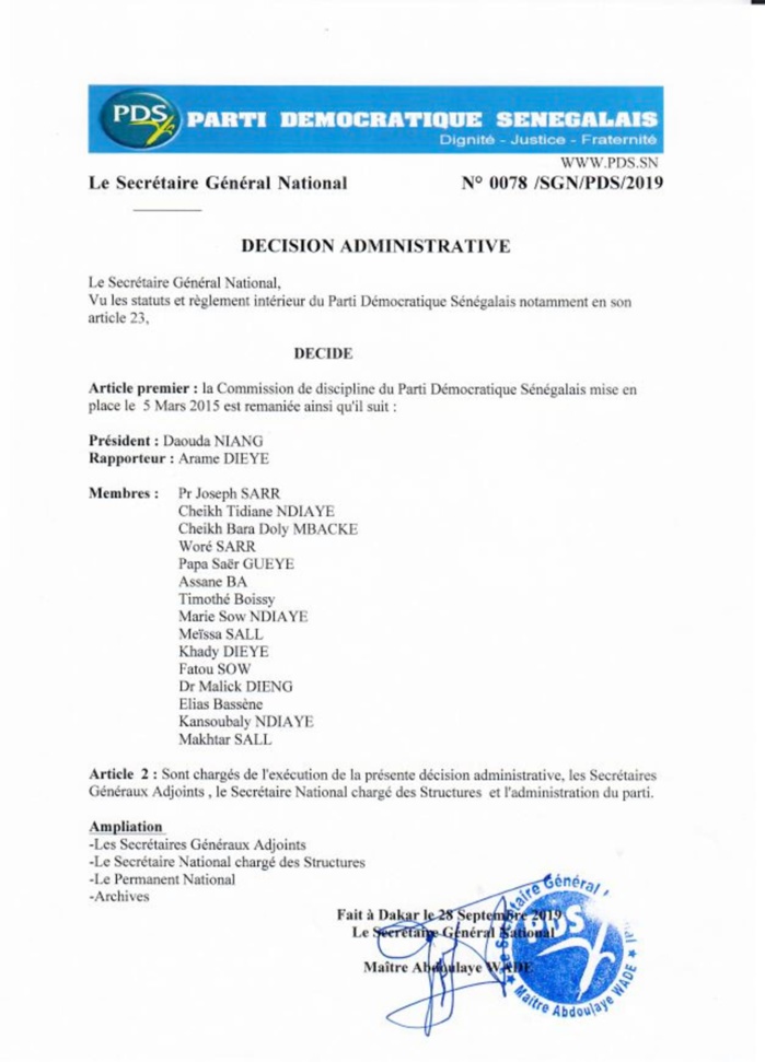  Commission de discipline du PDS et FRN:  Voici les nouvelles décisions de Me Abdoulaye Wade (documents)