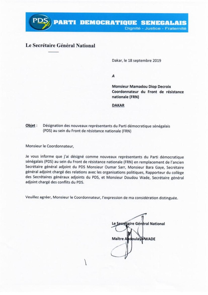 Commission de discipline du PDS et FRN: Voici les nouvelles décisions de Me Abdoulaye Wade (documents) Commission de discipline du PDS et FRN: Voici les nouvelles décisions de Me Abdoulaye Wade (documents)