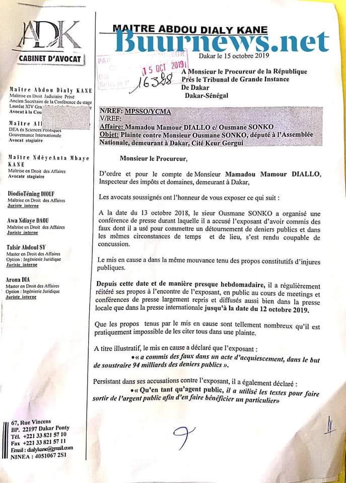 C'est fait !!! Mamour Diallo a déposé sa plainte pour diffamation et injures publiques contre Sonko