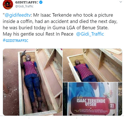 Nigéria: Il prend un selfie dans un cercueil et décède le lendemain (photos)