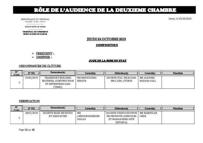 Tribunal du Commerce: Audiences de la 2e Chambre de ce jeudi 24 octobre 