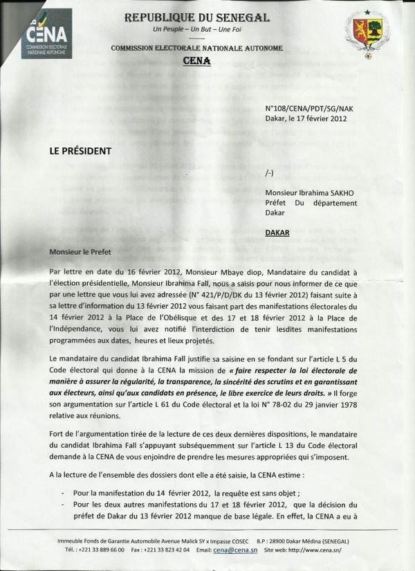 Voici la lettre de la CENA qui désavoue le préfet de Dakar et qui conforte Ibrahima Fall et le M23
