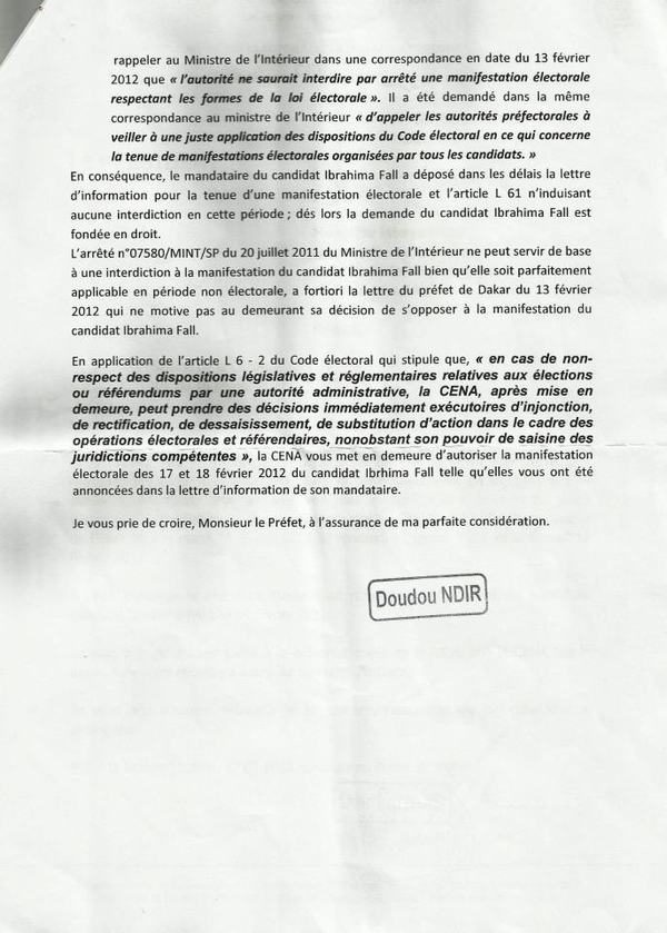 Voici la lettre de la CENA qui désavoue le préfet de Dakar et qui conforte Ibrahima Fall et le M23