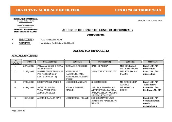 Tribunal du Commerce: Délibérés des Audiences de Référés du lundi 28 octobre