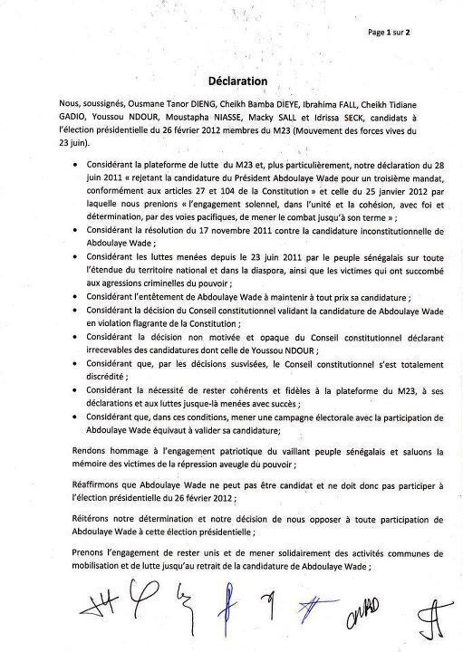 Contribution: Sur 8 signataires du M23 seuls 3 ont tenu parole (Ibrahima Fall, Idrissa Seck, Bamba Diéye)