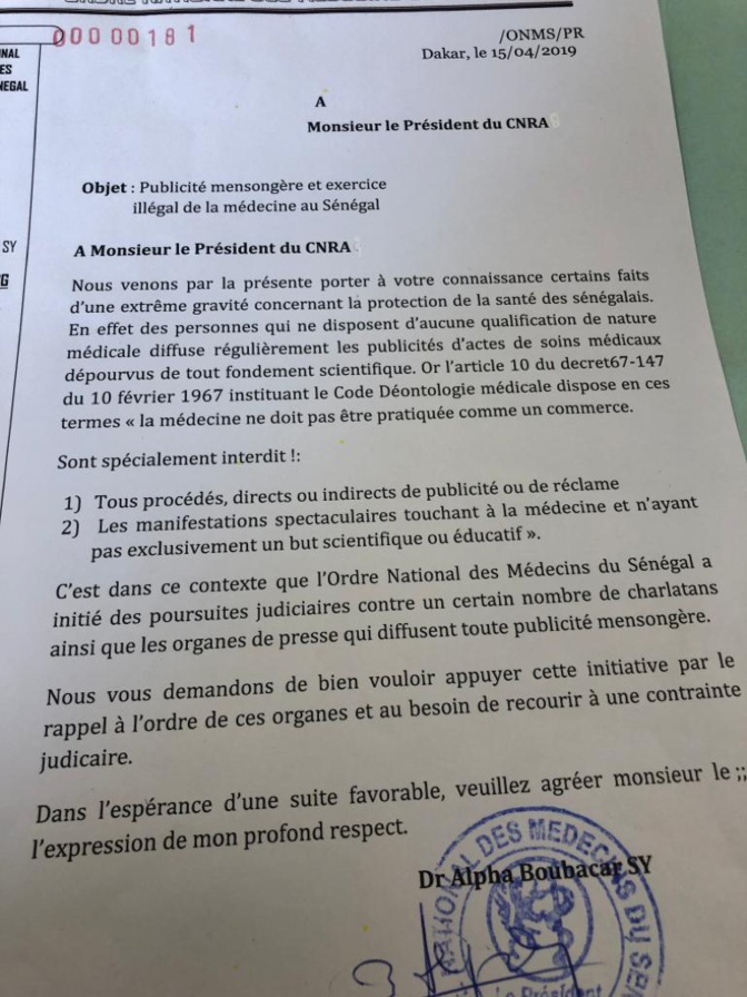 Publicité mensongère et exercice illégal de la médecine au Sénégal...: L’ordre des médecins saisit la justice et demande l’appui du CNRA