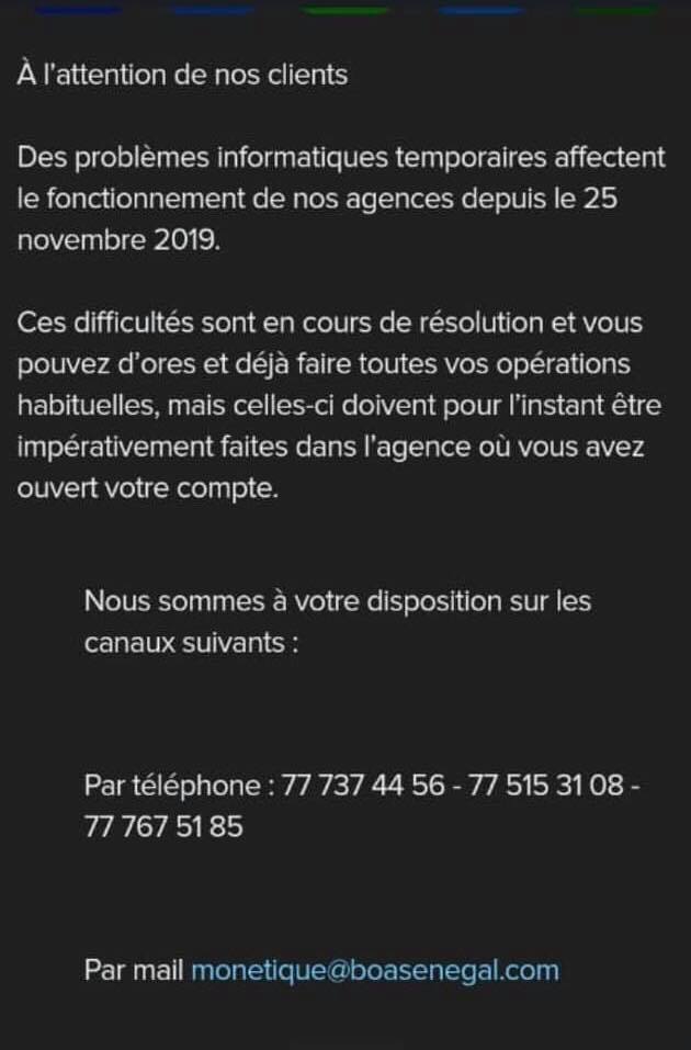 Les clients de la BANK OF AFRICA en difficulté depuis le 25 Novembre Les clients de la BANK OF AFRICA en difficulté depuis le 25 Novembre