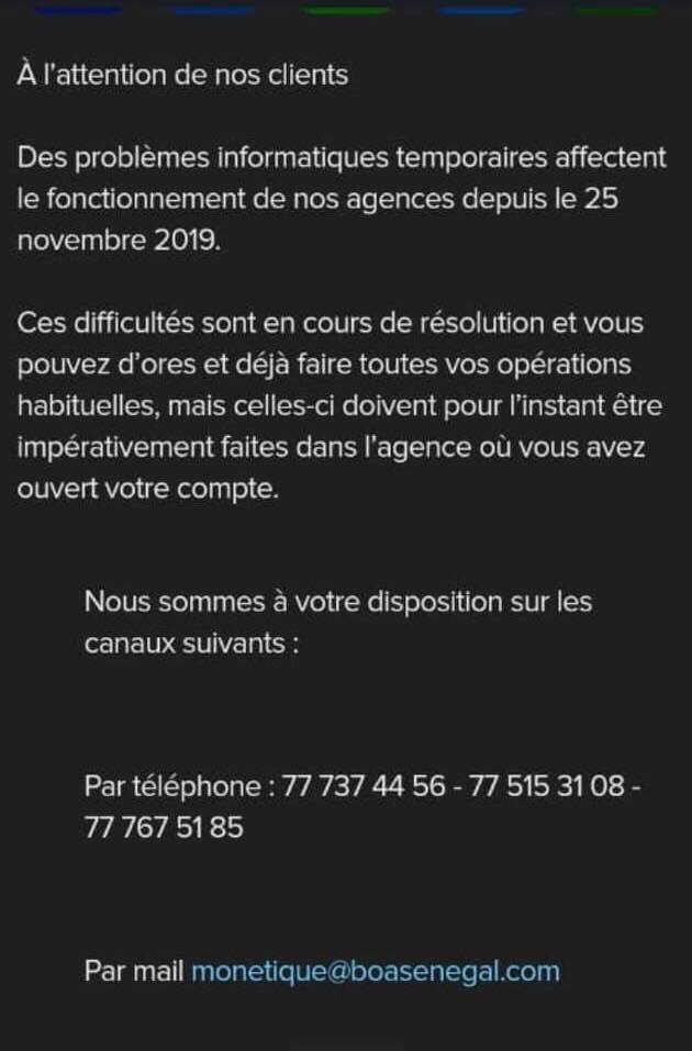 Les clients de la BANK OF AFRICA en difficulté depuis le 25 Novembre