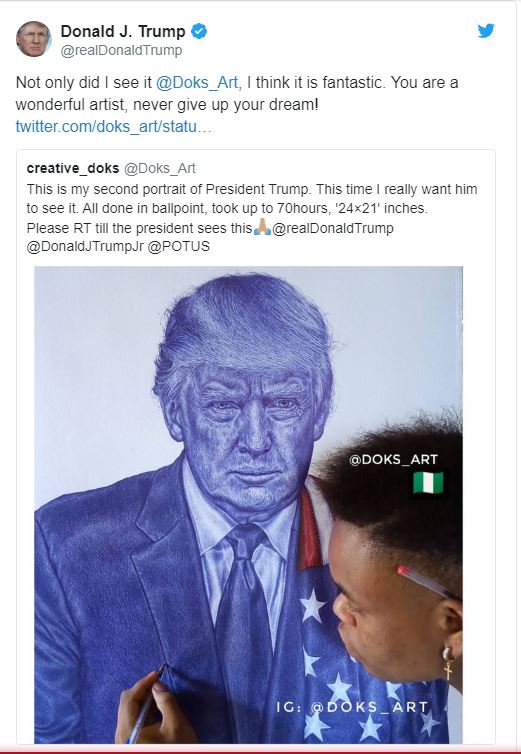 «N’abandonne jamais ton rêve», le président Trump au jeune Nigérian qui a dessiné son portrait