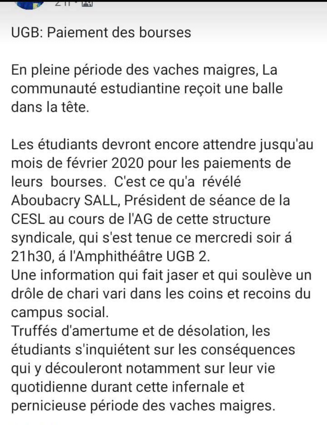 Paiement des bourses suspendu jusqu'en Février, les étudiants dans le désarroi Paiement des bourses suspendu jusqu'en Février, les étudiants dans le désarroi