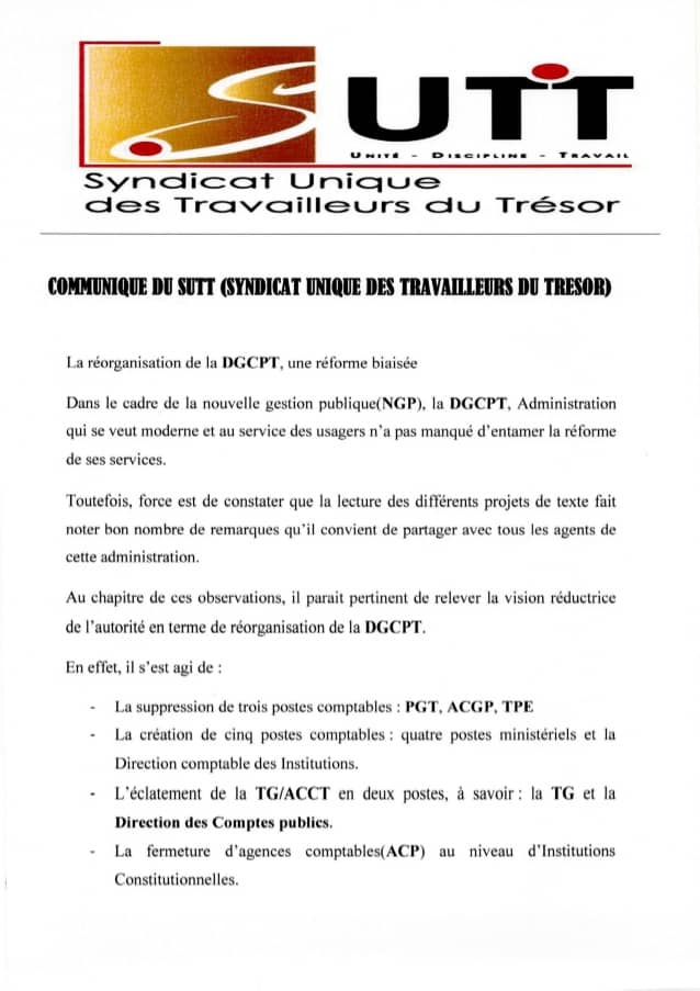 Réorganisation de la DGCPT: Les travailleurs ruent dans les brancards Réorganisation de la DGCPT: Les travailleurs ruent dans les brancards