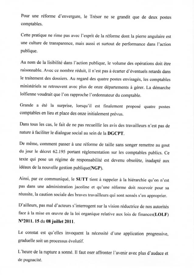 Réorganisation de la DGCPT: Les travailleurs ruent dans les brancards