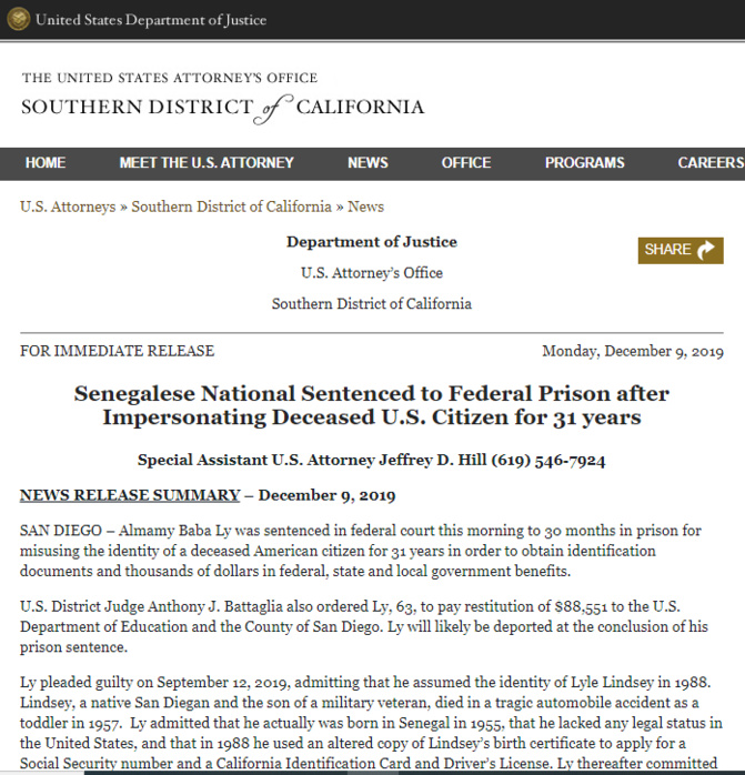 Etats Unis: Un Sénégalais condamné à 30 mois de prison pour usurpation d’identité 