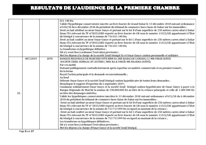 Tribunal du Commerce: Délibérés des Audiences du mercredi 11 décembre
