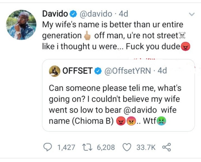 Davido clashe le mari de Cardi B à cause de Chioma