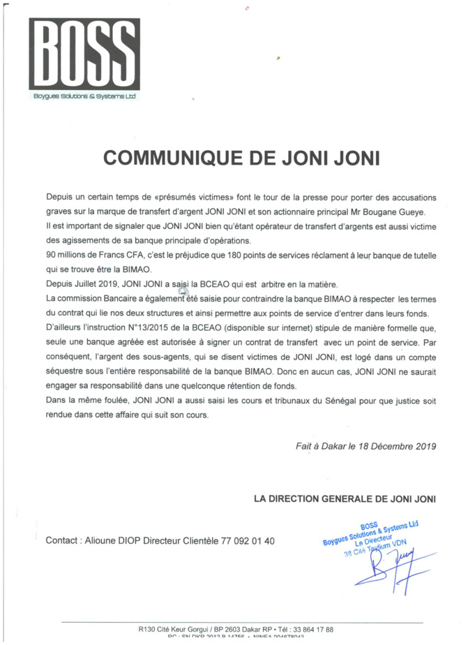 Préjudice de 90 millions de FCfa réclamé: JONI JONI se déclare victime des agissements de sa banque principale d’opérations Préjudice de 90 millions de FCfa réclamé: JONI JONI se déclare victime des agissements de sa banque principale d’opérations