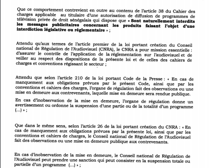 Sentv suspendue pour 7 jours : Ce que le CNRA reproche à la télé de Bougane (Documents)