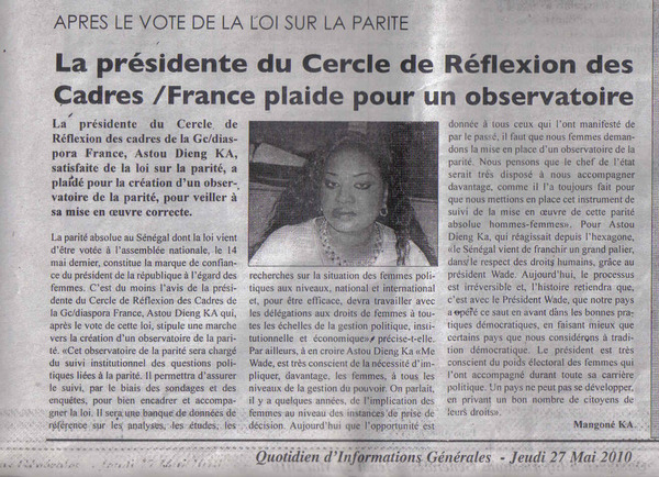 Mme ASTOU DIENG (Ex Membre de la CIS France et Ex Présidente du cercle de réflexion des cadres de la génération du concret Diaspora France)