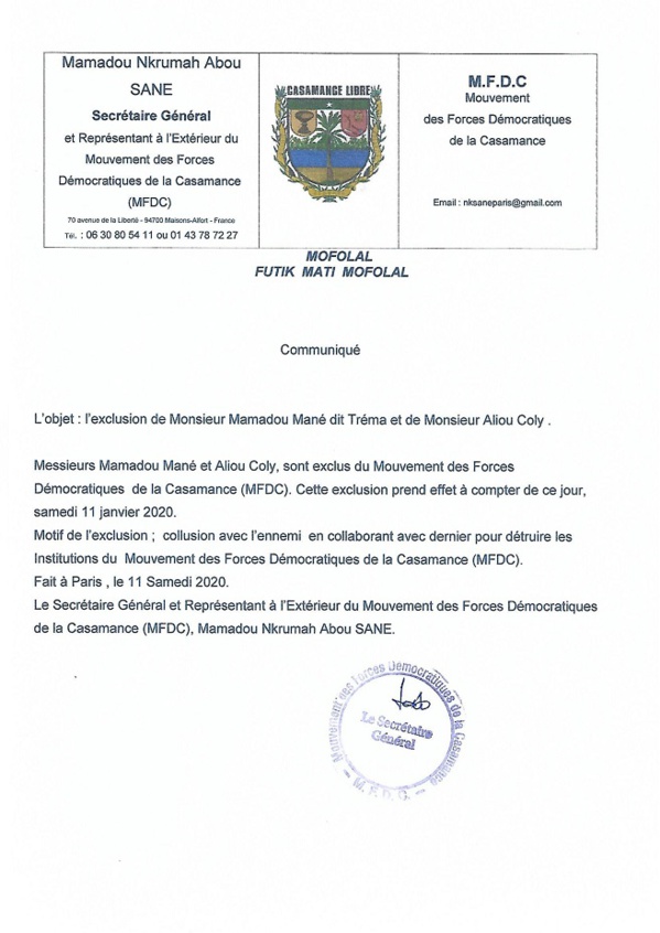 Activité fractionniste: Le MFDC vire deux de ses lieutenants Activité fractionniste: Le MFDC vire deux de ses lieutenants