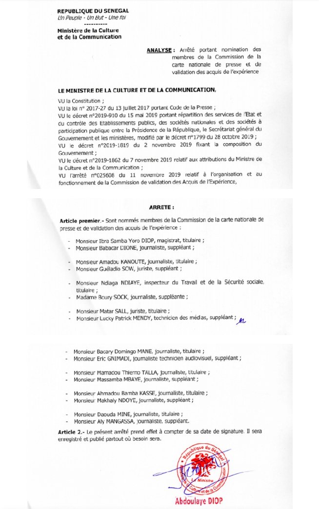 Commission de la carte nationale de presse: Liste des membres retenus