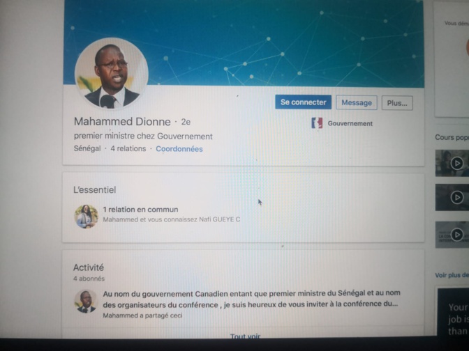 Faux compte de l'ex-Pm sur LinkedIn et facebook: Mahammad Dionne dégage sa responsabilité