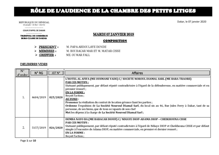 Tribunal du Commerce: Délibérés des Audiences du mardi 7 janvier