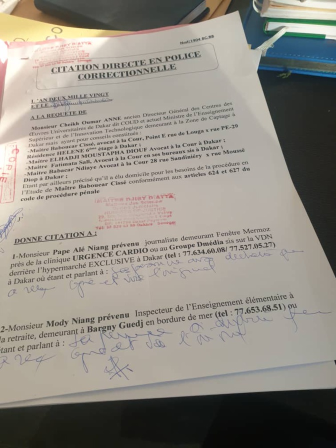 Plainte pour diffamation: Cheikh Oumar Anne réclame 10 milliards F Cfa à Pape Alé Niang et Cie Plainte pour diffamation: Cheikh Oumar Anne réclame 10 milliards F Cfa à Pape Alé Niang et Cie