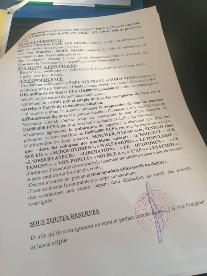 Plainte pour diffamation: Cheikh Oumar Anne réclame 10 milliards F Cfa à Pape Alé Niang et Cie