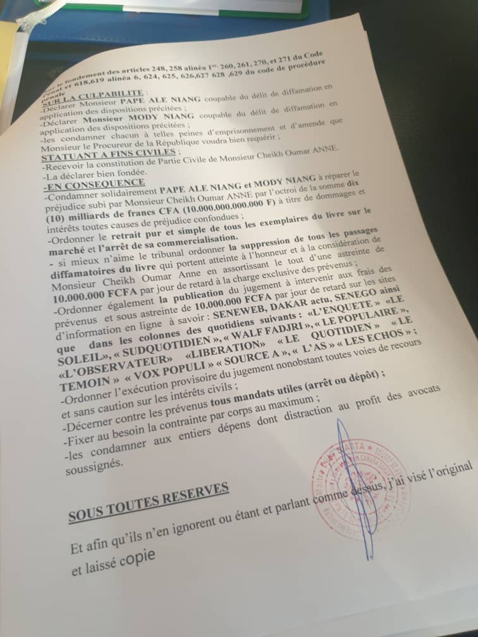 Plainte pour diffamation: Cheikh Oumar Anne réclame 10 milliards F Cfa à Pape Alé Niang et Cie Plainte pour diffamation: Cheikh Oumar Anne réclame 10 milliards F Cfa à Pape Alé Niang et Cie