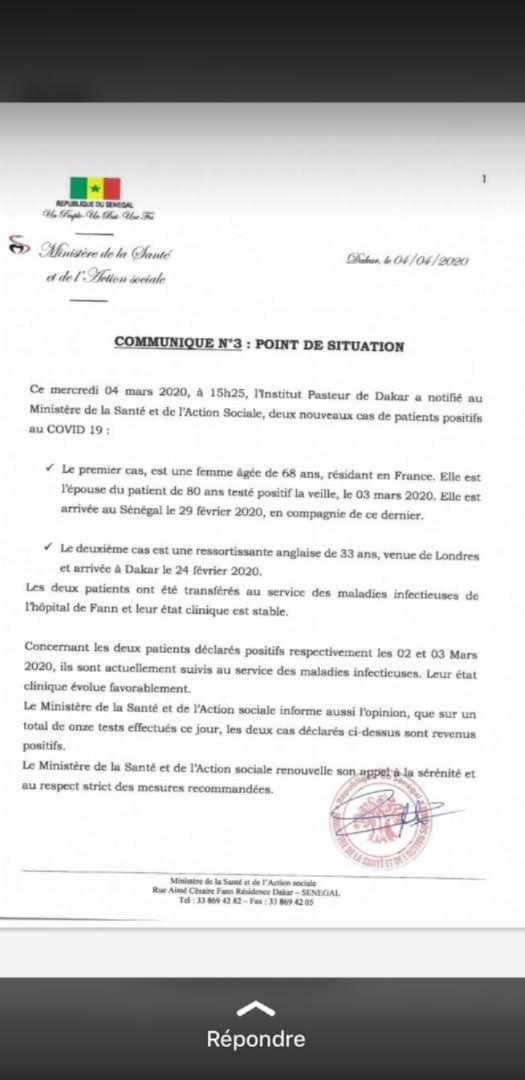 Coronavirus: l'Institut Pasteur notifie au Ministère de la Santé et de l'Action sociale, 2 autres nouveaux cas de patients testés positifs