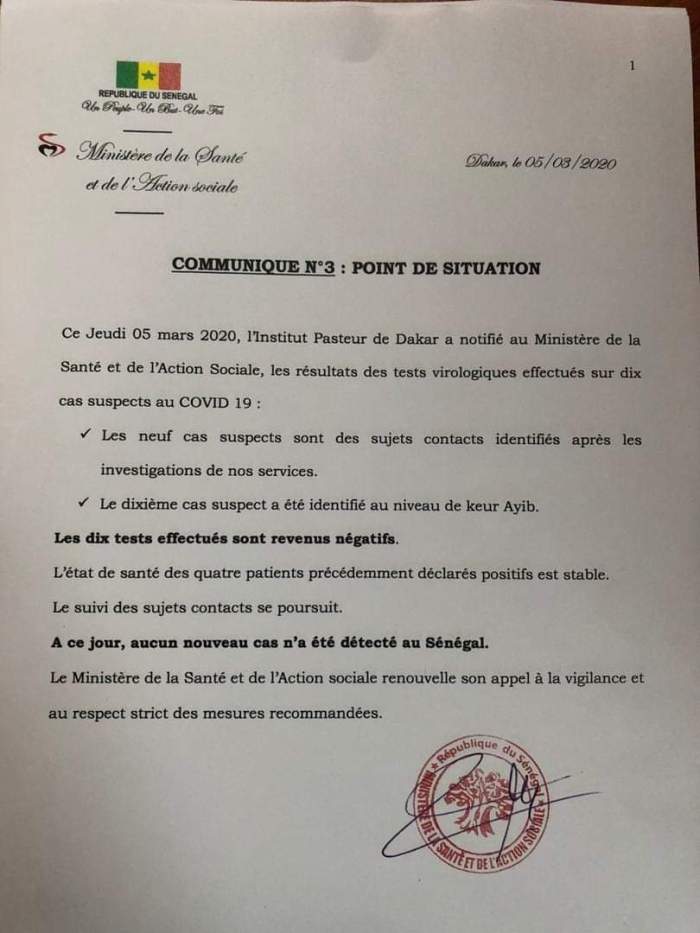 Coronavirus au Sénégal: le ministère de la Santé fait le point de la situation (Officiel)  (document et vidéo)