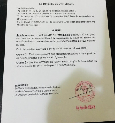 Mesure: Arrêté portant interdiction provisoire de manifestations ou rassemblements