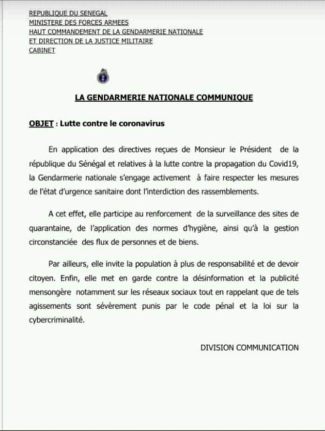 Coronavirus- Contre la publicité mensongère: La gendarmerie met en garde Coronavirus- Contre la publicité mensongère: La gendarmerie met en garde