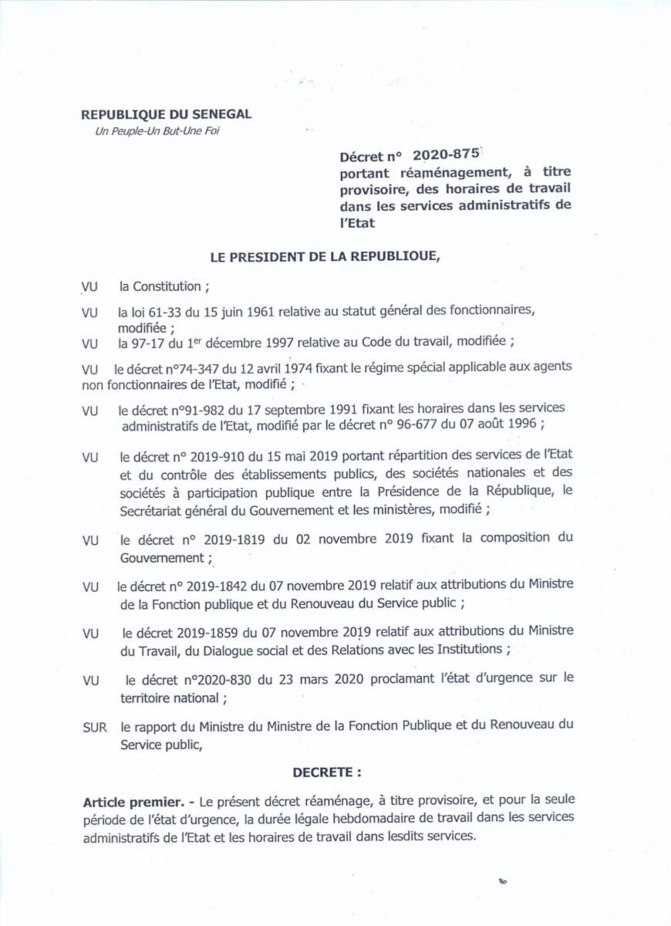 Administration sénégalaise: Le décret sur le changement des horaires