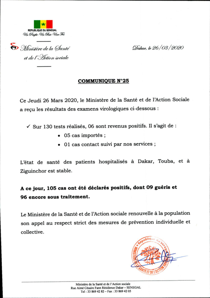 Covid-19- 6 nouveaux cas testés positifs: Le Sénégal atteint la barre des 100 cas