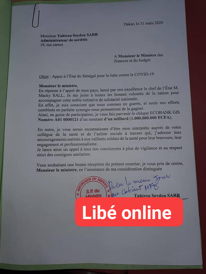 DOCS/EXCLUSIVITE/FORCE-COVID-19 : Le chèque d'un milliard remis par Tahirou Sarr