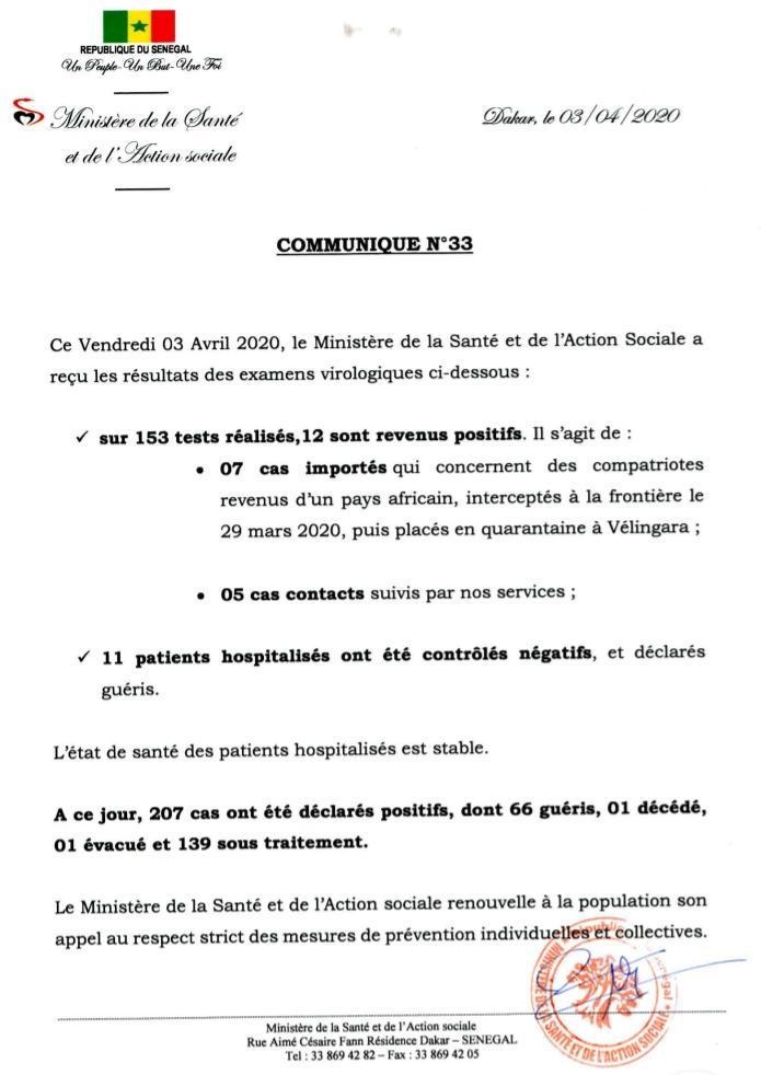 C0ronavirus : En détail, le rapport sur la situation au Sénégal, ce vendredi 3 avril