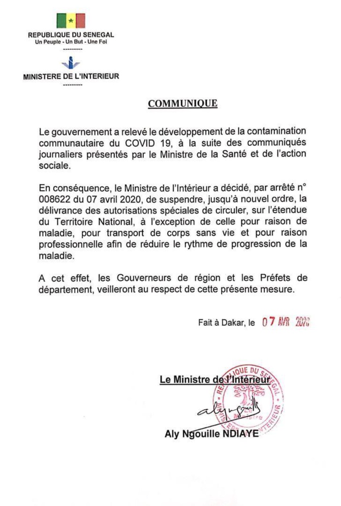 Covid 19- Autorisation de circuler sur l'étendue du territoire: Le Ministre de l'Intérieur suspend sa délivrance jusqu'à nouvel ordre