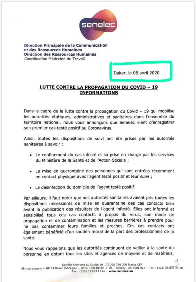 Coronavirus : La Senelec enregistre un cas positif