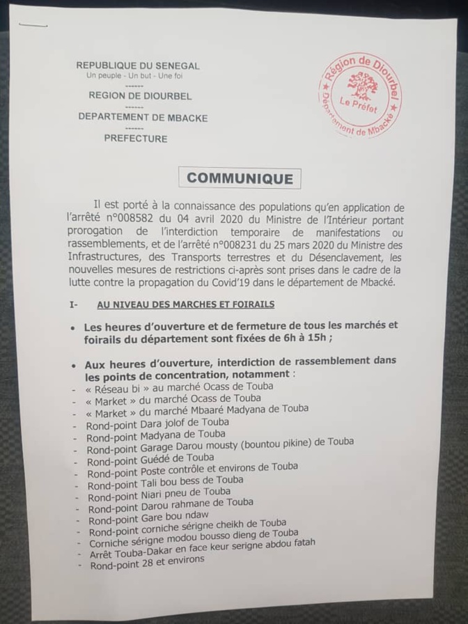 Covid-19 à Touba : Le préfet de Mbacké prend de nouvelles mesures Covid-19 à Touba : Le préfet de Mbacké prend de nouvelles mesures