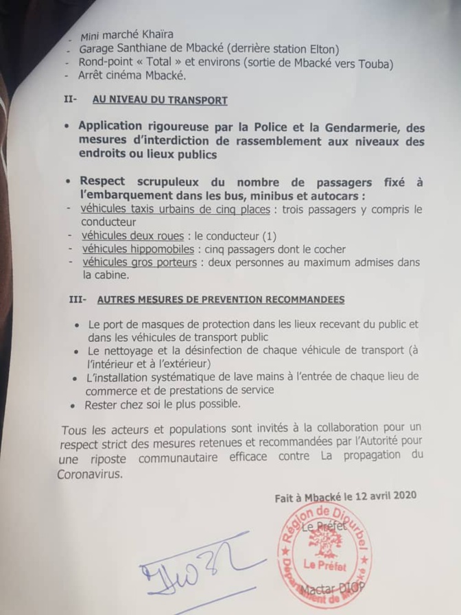 Covid-19 à Touba : Le préfet de Mbacké prend de nouvelles mesures