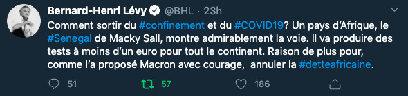 Lutte contre le Coronavirus: BHL félicite Macky Sall Lutte contre le Coronavirus: BHL félicite Macky Sall